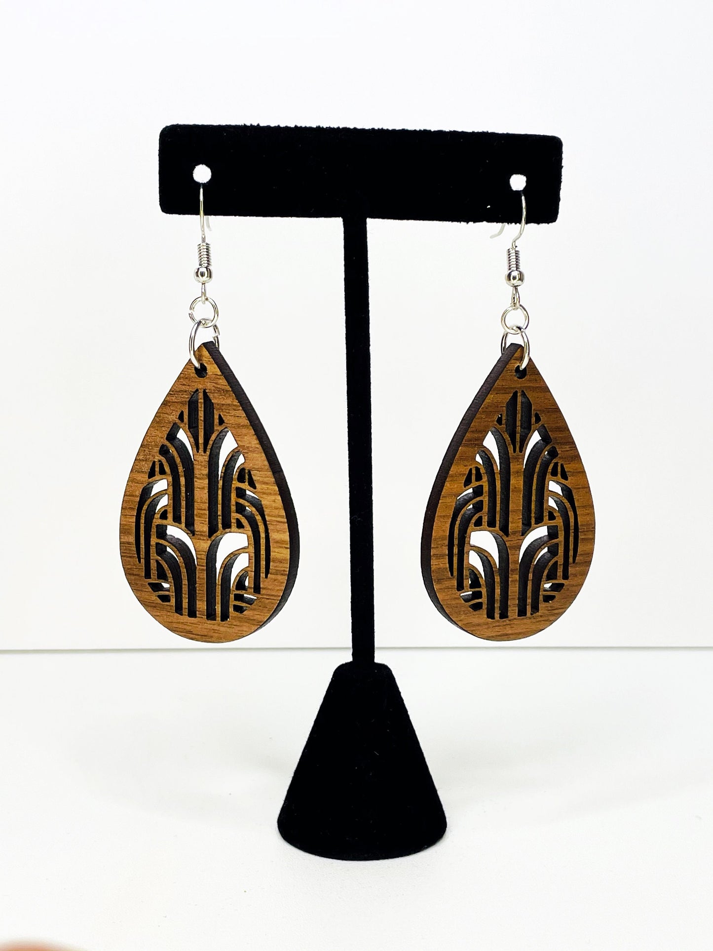 Laser Cut Drop Teardrop Earrings with Geometric Design - Wood Drop Earrings - Boho Earrings