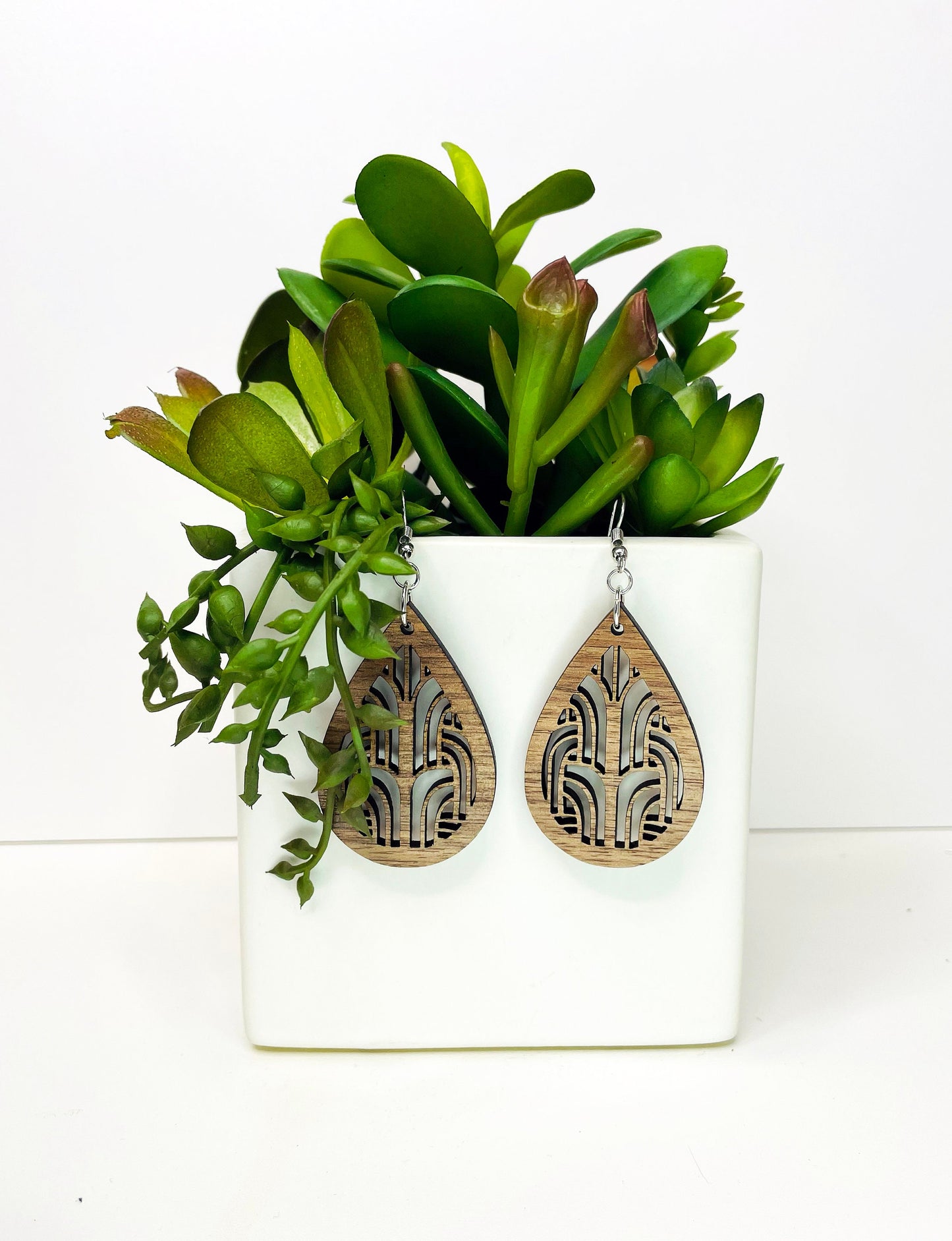 Laser Cut Drop Teardrop Earrings with Geometric Design - Wood Drop Earrings - Boho Earrings