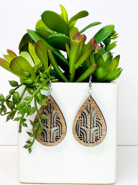 Laser Cut Drop Teardrop Earrings with Geometric Design - Wood Drop Earrings - Boho Earrings