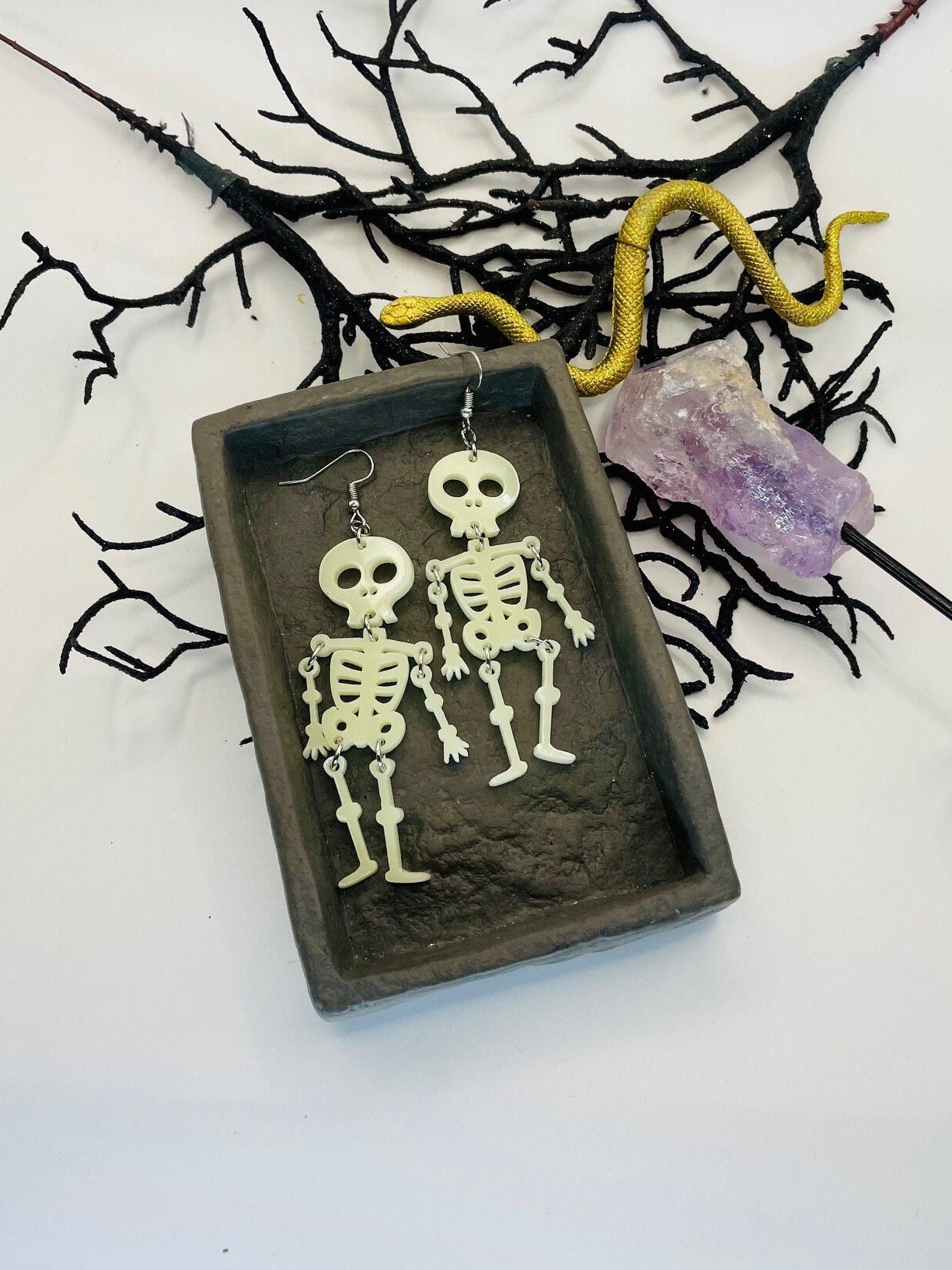 Glow in the Dark Articulated Skeleton Earrings, Halloween Jewelry, Gift for Daughter