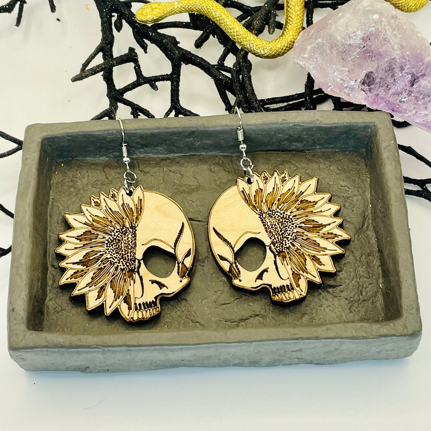 Sunflower and Skeleton Earrings, Boho Halloween Dangle Earrings, Gift for Friend