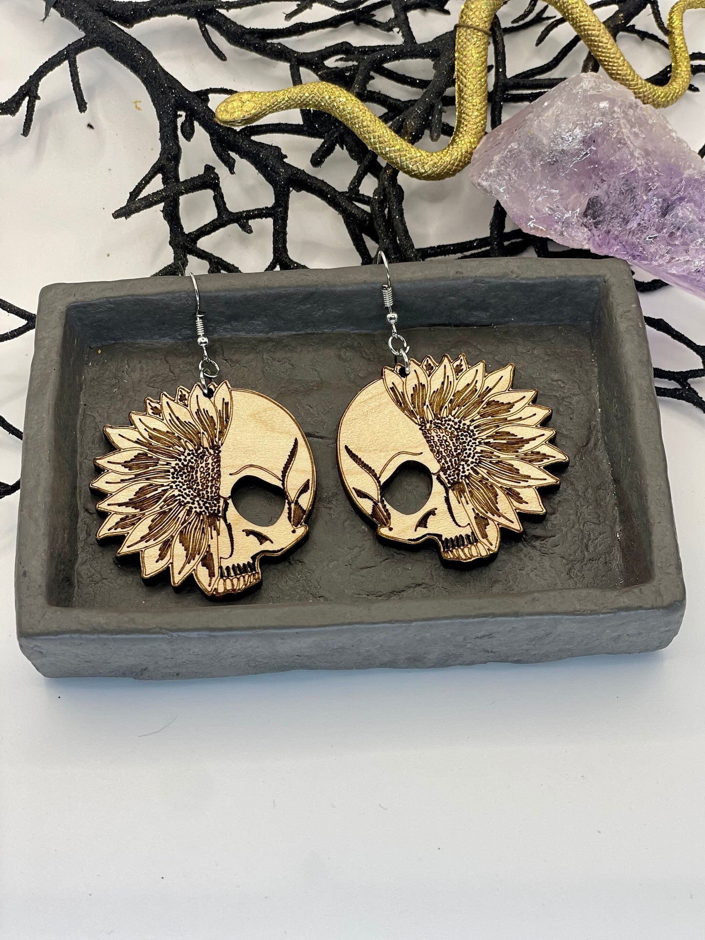 Sunflower and Skeleton Earrings, Boho Halloween Dangle Earrings, Gift for Friend