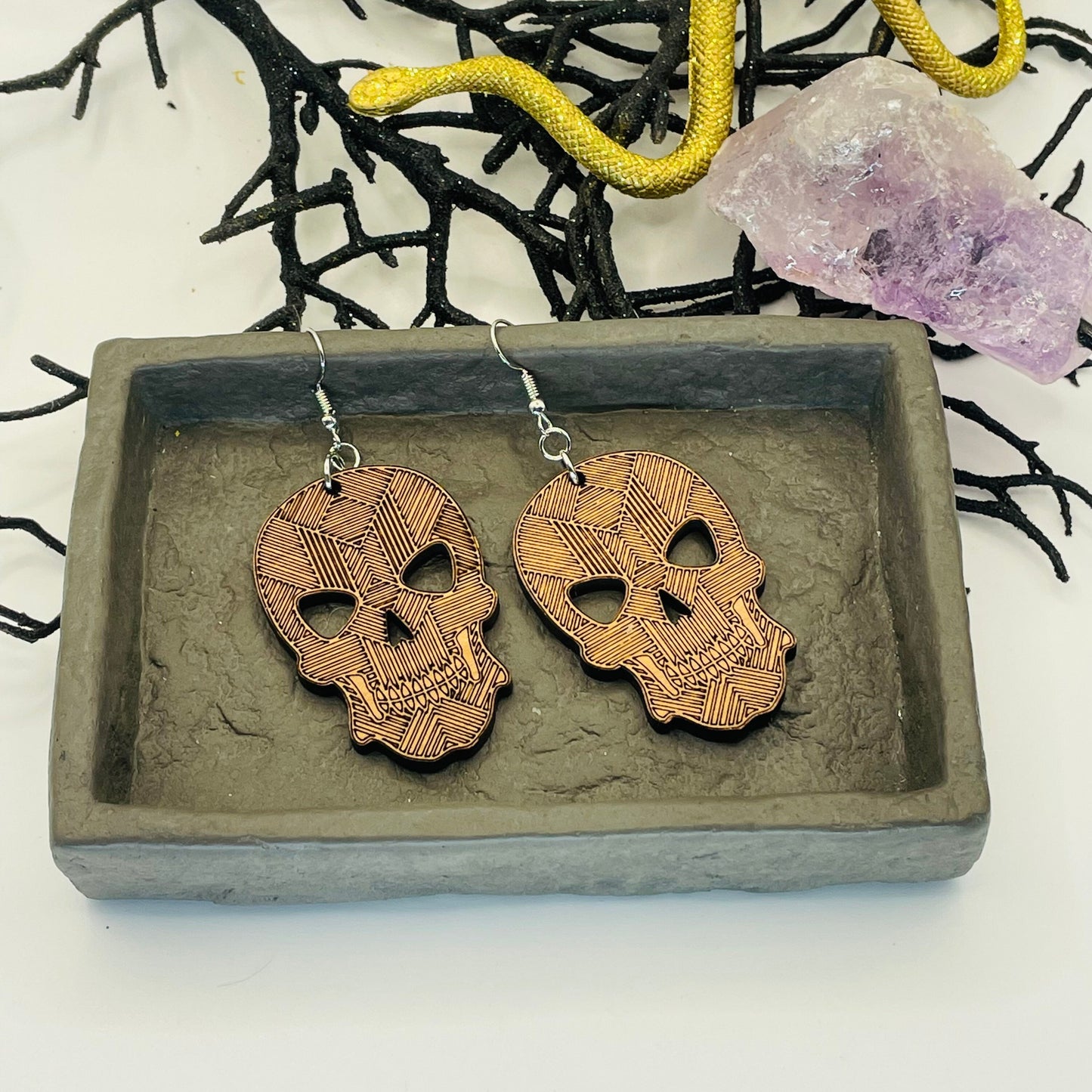 Geometric Wood Skeleton Dangle Earrings, Wood Halloween Earrings, Gift for Daughter