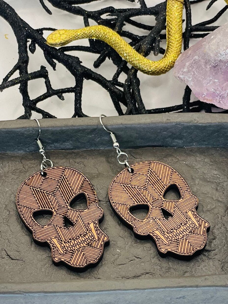 Geometric Wood Skeleton Dangle Earrings, Wood Halloween Earrings, Gift for Daughter