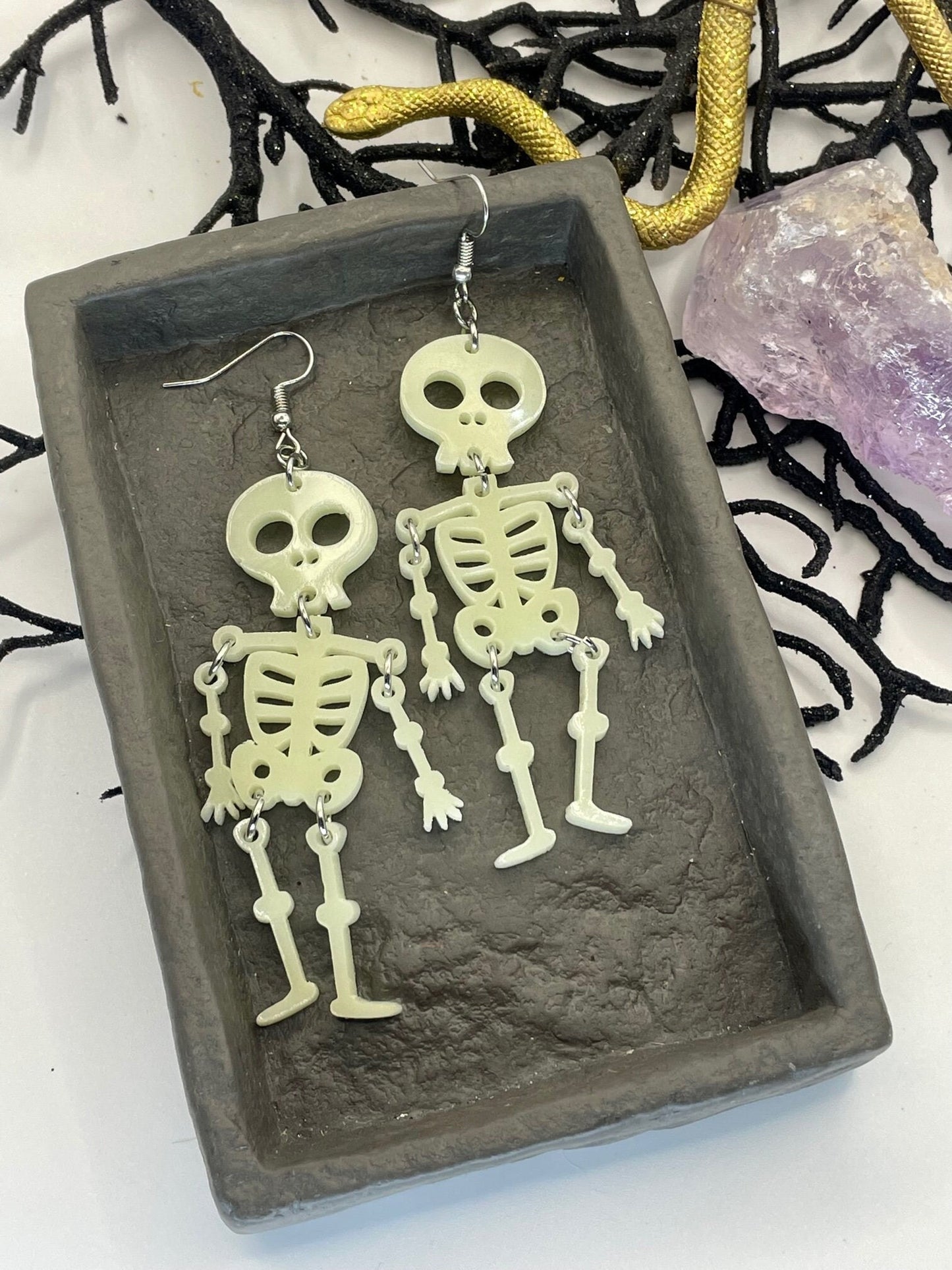 Glow in the Dark Articulated Skeleton Earrings, Halloween Jewelry, Gift for Daughter