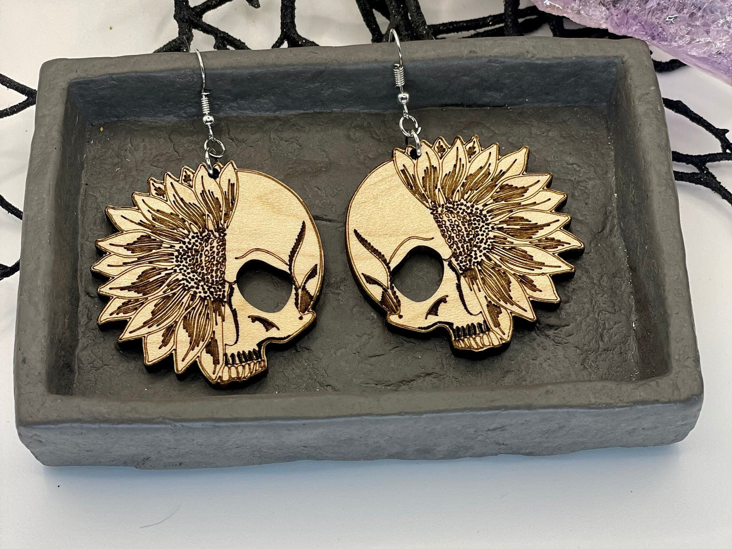 Sunflower and Skeleton Earrings, Boho Halloween Dangle Earrings, Gift for Friend