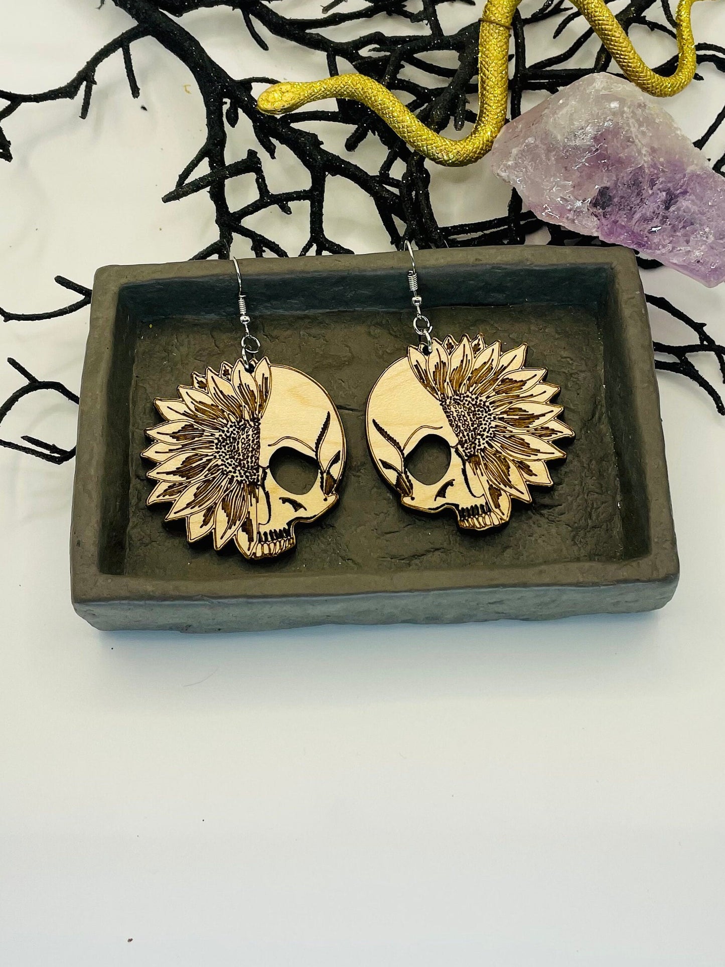 Sunflower and Skeleton Earrings, Boho Halloween Dangle Earrings, Gift for Friend