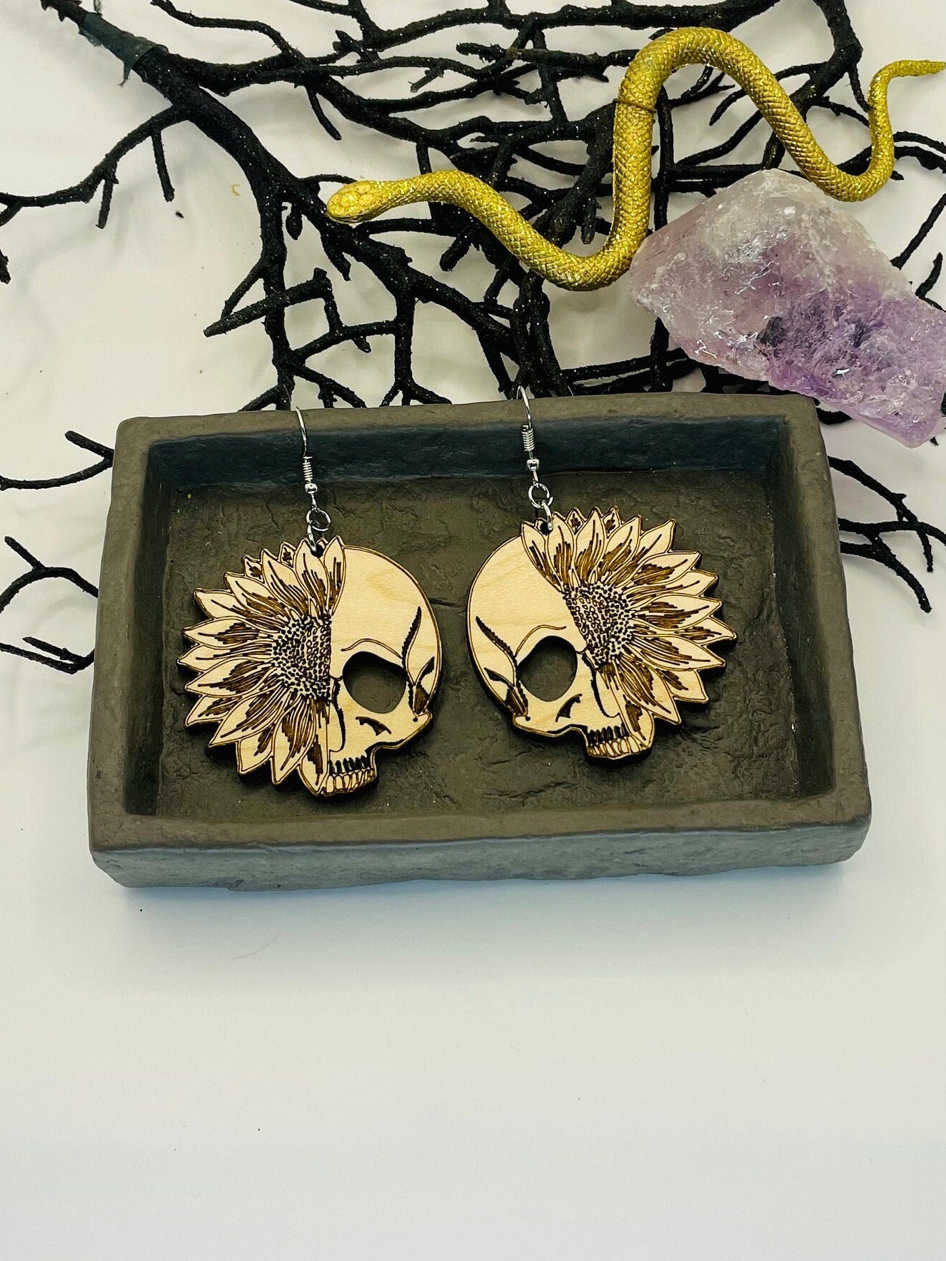 Sunflower and Skeleton Earrings, Boho Halloween Dangle Earrings, Gift for Friend