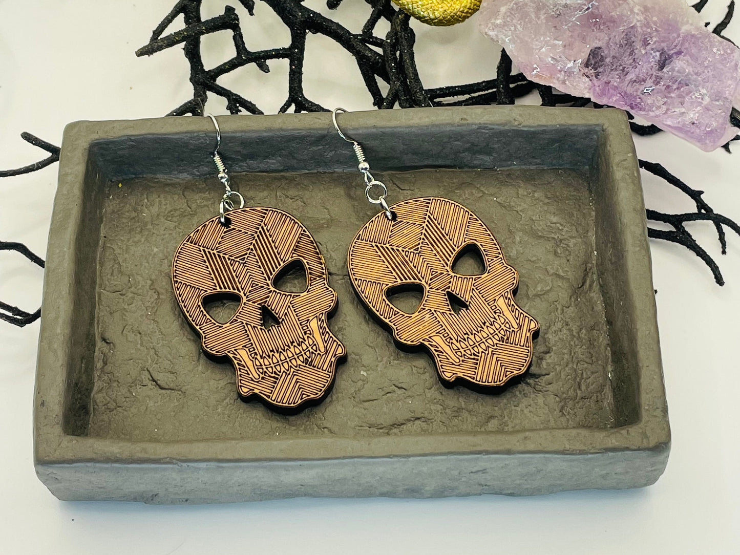 Geometric Wood Skeleton Dangle Earrings, Wood Halloween Earrings, Gift for Daughter