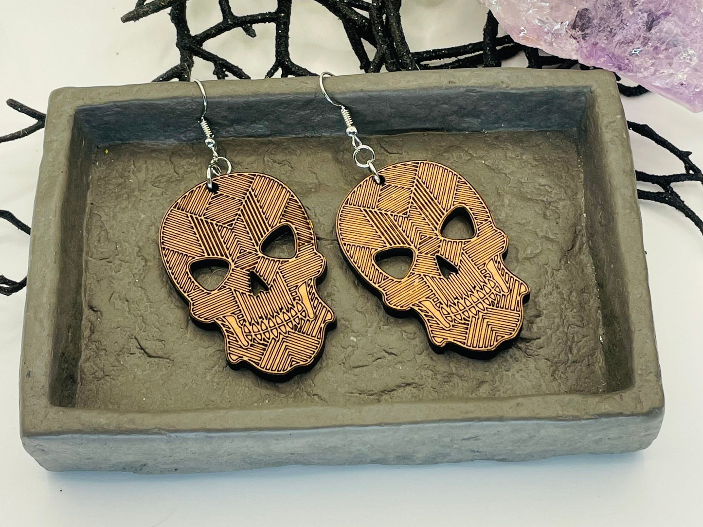 Geometric Wood Skeleton Dangle Earrings, Wood Halloween Earrings, Gift for Daughter