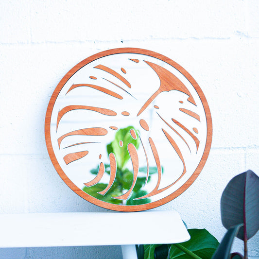 Wood Round Monstera Mirror, Decorative Plant Mirror, Gift for Daughter